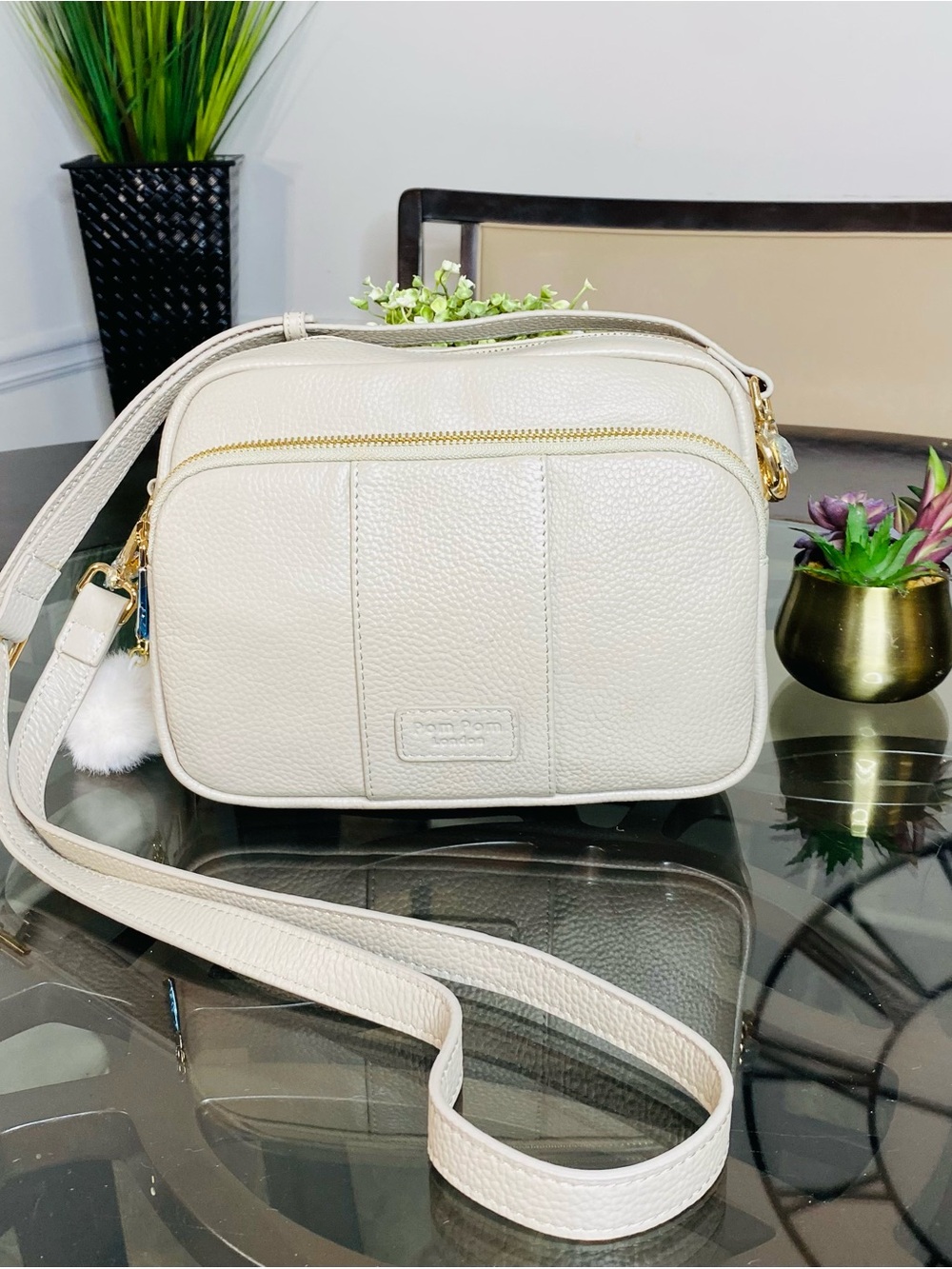 Pom Pom London Original Plus Leather Crossbody Bag Stone Beige New